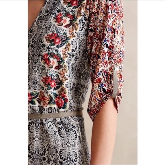 Anthro Tiny Floral Damask Mixed Media Buttondown Belted Shirtdress Dress - Picture 7 of 13